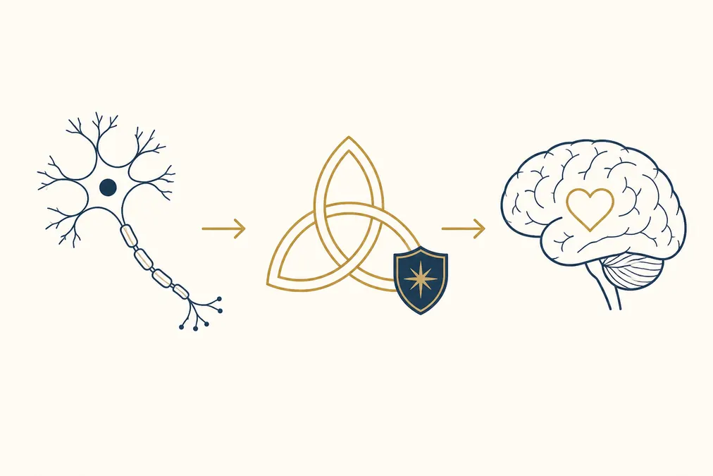 Neurônio, símbolo de âncora e cérebro com um coração