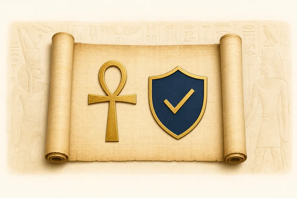 Papiro com o Ankh e um escudo sobre um relevo ancestral