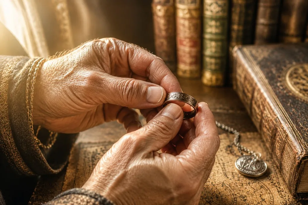 Mãos idosas segurando um anel entalhado sobre mapas celestes e livros antigos — relíquia pessoal consagrada ano após ano